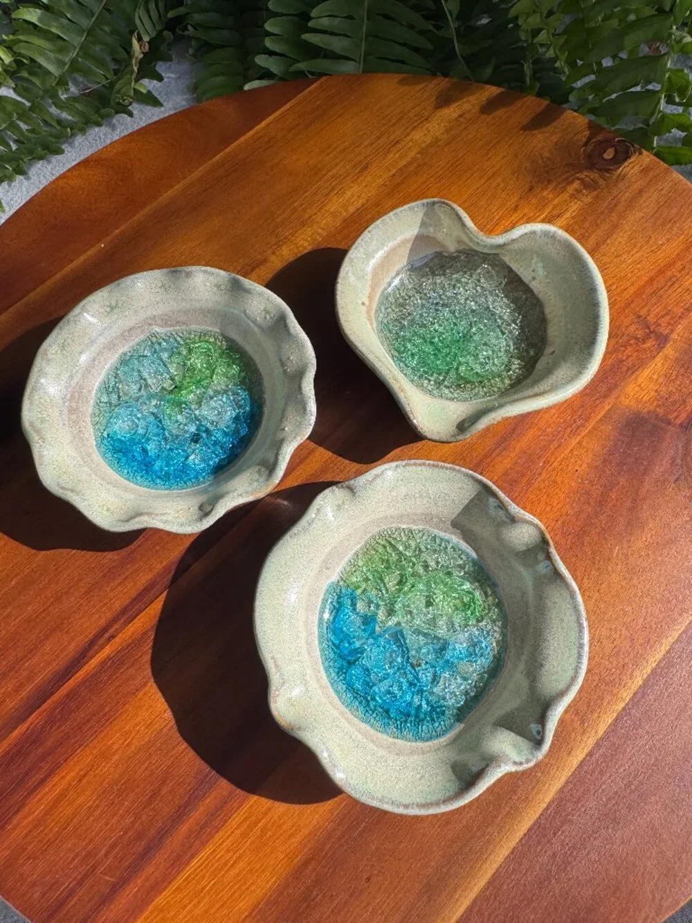 Down To Earth Handmade Pottery Recycled Crackle Glass Trinket Dishes